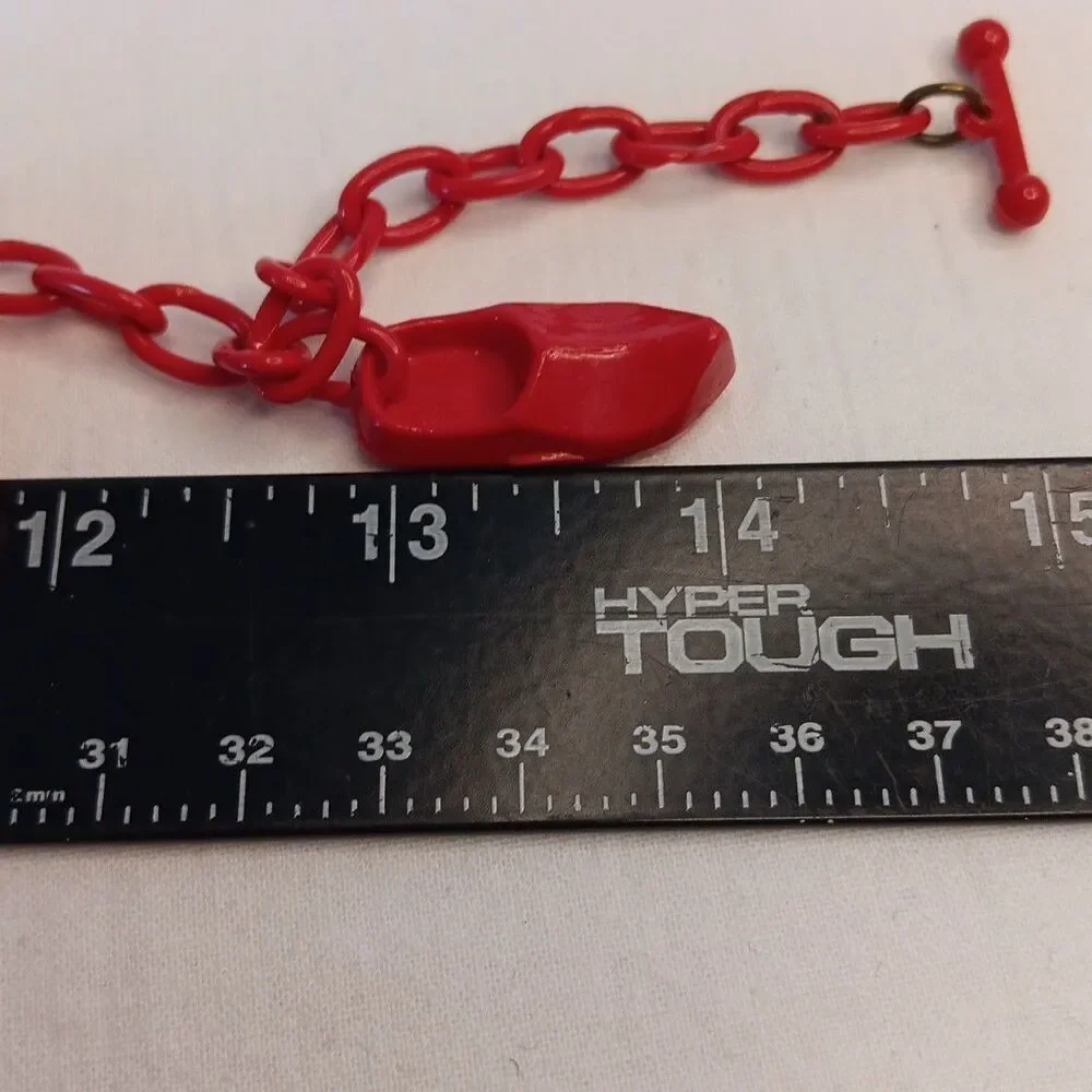 1930s-1940s Red Celluloid Clog Necklace Choker Plastic Whimsical 15in Red Shoes
